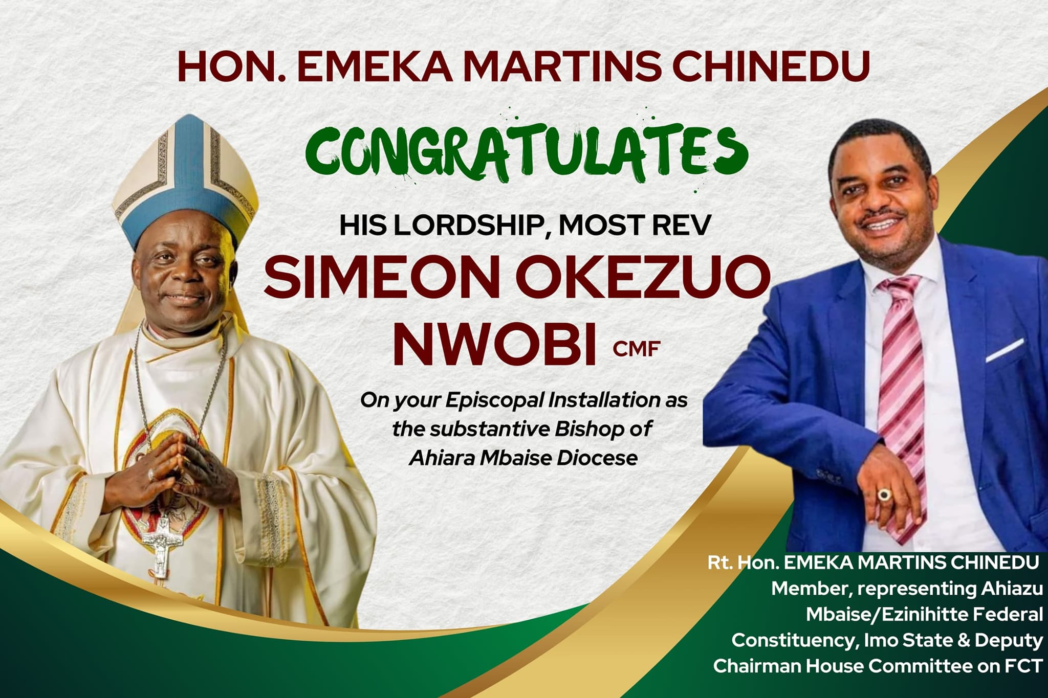 Rt. Hon. Emeka Chinedu Congratulates New Ahiara Bishop